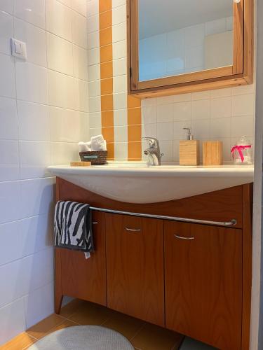 a bathroom with a sink and a mirror at Central loft D5 in Volos