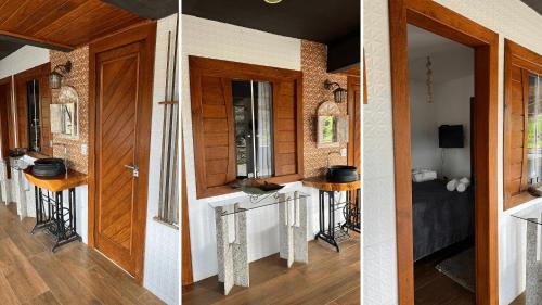 two pictures of a room with a door and a hallway at Sítio Balango: Seu refúgio em Domingos Martins. Chalés para casais e casa para grupo de pessoas in Domingos Martins
