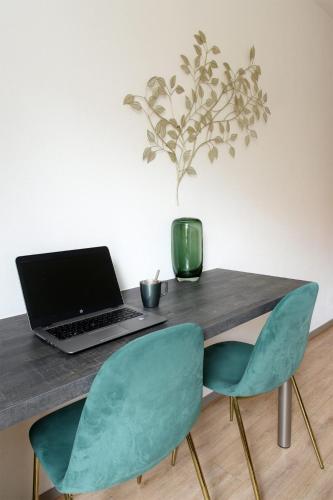 - une table avec un ordinateur portable et 2 chaises vertes dans l'établissement Berge du Rhône, Centre Lyon, espace de travail, tout à pied, Université Lyon 2 et Lyon 3, idéal voyage d'affaires, tourisme, loisirs, à Lyon