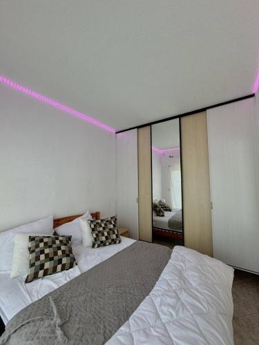 - une chambre avec deux lits et une chambre avec des miroirs dans l'établissement Petit cocon idéalement situé 4DAUP4, au Barcarès