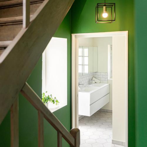 a green bathroom with a sink and a mirror at Villa Cocquelicot 6p in De Panne