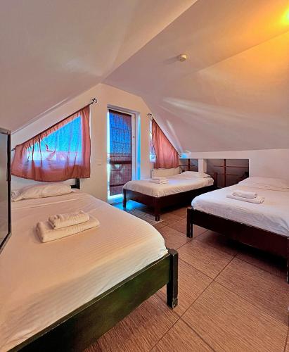 a bedroom with two beds and two windows at Pensiunea Hanna in Braşov