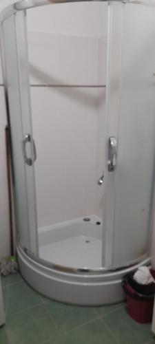Apartment LUX في ستروغا: دش في حمام مزود بمرآة
