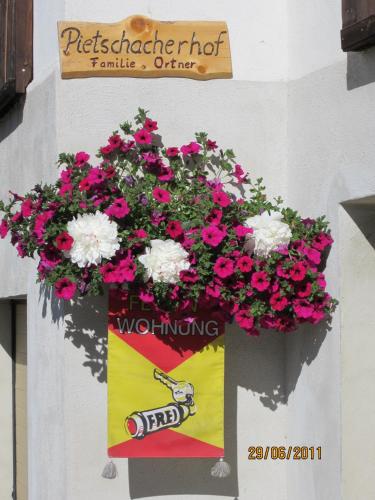 a flower box on a wall with pink and white flowers at Ferienwohnungen am Pietschacherhof in Hochrindl