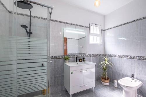a bathroom with a sink and a shower and a toilet at Casa Almada in Ribeira Brava