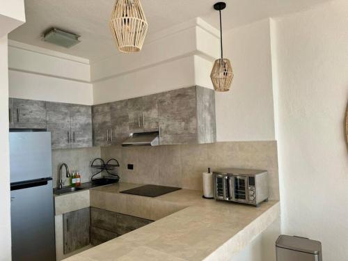 a kitchen with stainless steel appliances and two pendant lights at Vista al Mar, Terraza y Albercas in Manzanillo