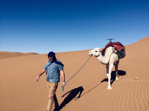 a man walking a camel in the desert at Camp Golden Desert Morocco in Mhamid