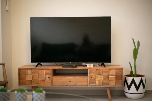 a flat screen tv sitting on top of a wooden entertainment center at Dormu in Tríkala