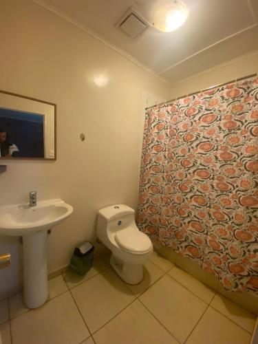 a bathroom with a toilet and a sink at Tumu Cabin Rapa Nui in Hanga Roa