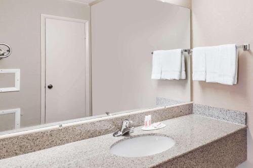a bathroom with a sink and a mirror at Travelodge by Wyndham Ridgeway Martinsville Area in Martinsville