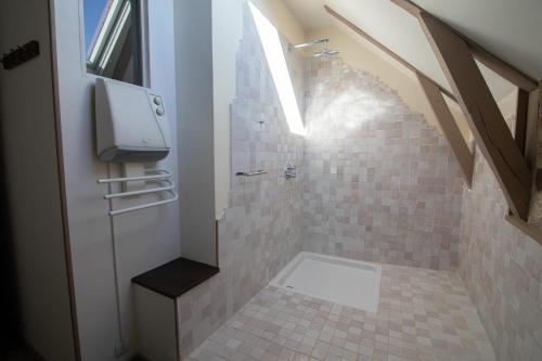 a bathroom with a shower with a tiled floor at Le Clos du Barry in Sévérac-lʼÉglise