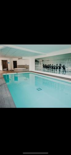 a large blue swimming pool with horses in the background at Bella Vita Zen et son garage au bord du lac in Aix-les-Bains