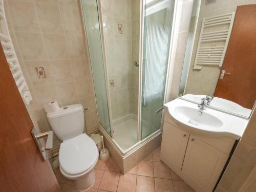 une salle de bain avec toilettes, douche et lavabo dans l'établissement Studio cosy pour 2 personnes au pied des pistes, Les Menuires - Quartier de Brelin - FR-1-452-12, aux Menuires
