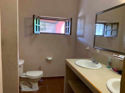 a bathroom with a toilet and a sink and a mirror at Habitación con piscina en el centro de Mérida in Mérida