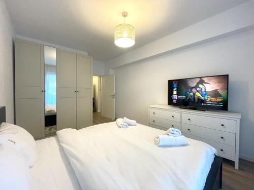a bedroom with a bed and a flat screen tv at Lumial Mountain Nest in Braşov