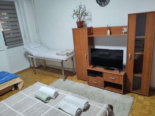Una sala de estar con un televisor y una mesa. en Relax apartman bg, en Belgrado