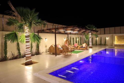 a house with a swimming pool and a palm tree at Sunrise Villa in Sowayma