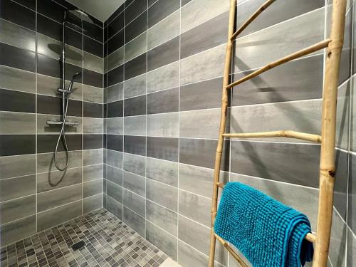 La salle de bains est pourvue d'une douche et d'une serviette bleue. dans l'établissement Ravissante maison à Abzac WIFI & Clim, à Abzac