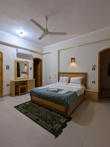 a bedroom with a bed and a ceiling fan at Pharaohs Apartments in Luxor