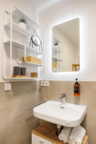 a bathroom with a sink and a mirror at VISTAMO Dorsten-Rhade, modernes Apartment in Dorsten
