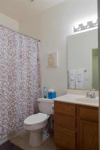 a bathroom with a toilet and a shower curtain at Quiet desert getaway with ping-pong, BBQ, citrus in Phoenix