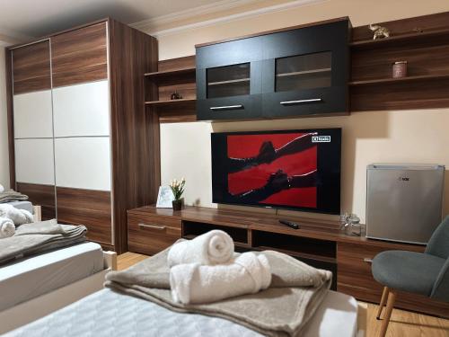 a bedroom with two beds and a flat screen tv at Royal Apartmani in Negotin