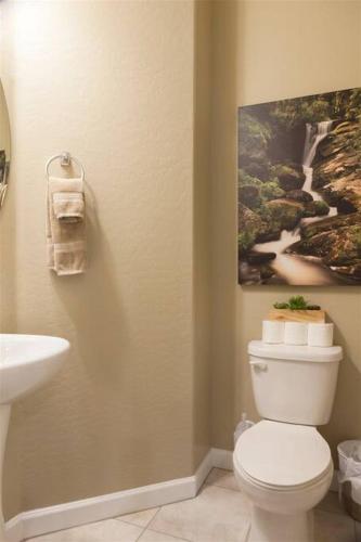 a bathroom with a toilet and a painting on the wall at Gated townhouse with heated pool, hot tub, near US60 in Mesa