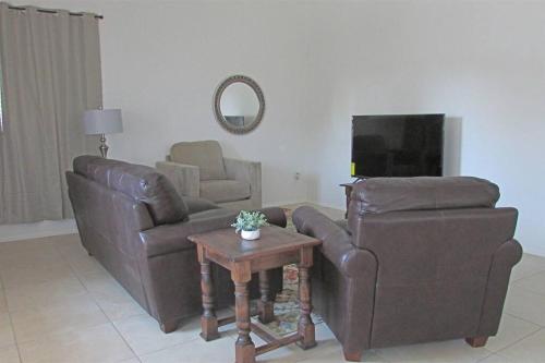 a living room with a couch and a chair and a tv at Cozy house near I-10 with pool heater, hot tub, BBQ in Goodyear