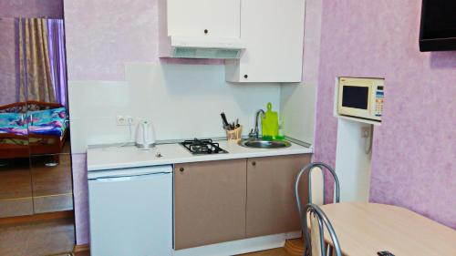 モスクワにあるNa Avtozavodskoy 17 корп 1 Apartmentの小さなキッチン(シンク、電子レンジ付)