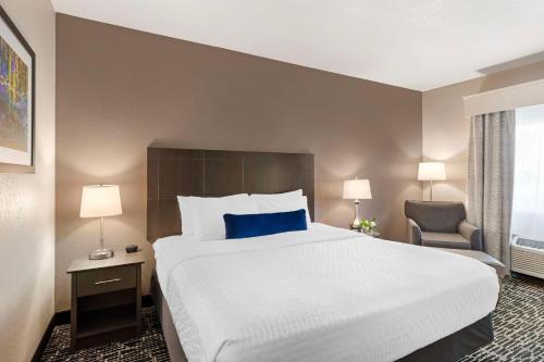a hotel room with a large bed and a chair at Best Western Greeley in Greeley