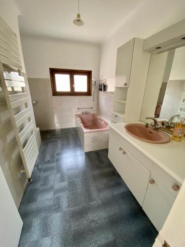 La salle de bains est pourvue de 2 lavabos et d'une baignoire rose. dans l'établissement Nid douillet au bord de l'eau, à Saint-Rambert-sur-Loire