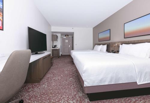 a hotel room with two beds and a flat screen tv at Hilton Garden Inn Dallas Arlington in Arlington