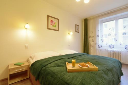 une chambre avec un lit avec un plateau dessus dans l'établissement Karlsbad City Apartment, à Karlovy Vary