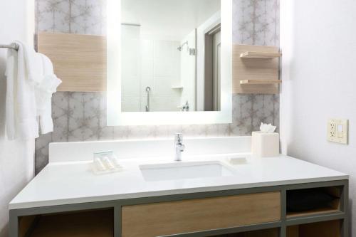 a bathroom with a sink and a mirror at Hilton Garden Inn Greenville in Greenville