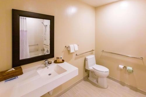 a bathroom with a sink and a toilet and a mirror at Hilton Waikoloa Village in Waikoloa