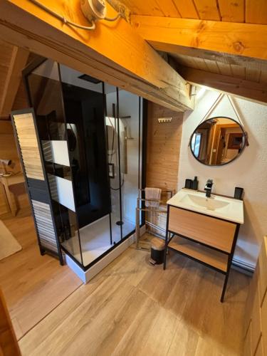 une salle de bain avec un lavabo et un miroir dans l'établissement CHALET FAMILIAL AU PIED DES PISTES ET COMMERCES, à Cohennoz