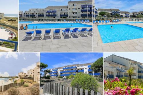 un collage de photos d'une piscine du complexe dans l'établissement T2 en front de mer - Clim - Linge inclus, à Lacanau-Océan