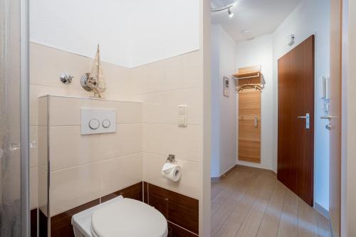 a bathroom with a toilet and a walk in shower at DKK5 Ferienwohnung Ostseeperle in Niendorf