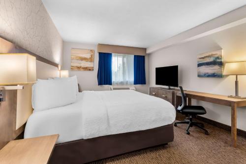 a hotel room with a bed and a desk and a computer at Best Western Halton Hills in Georgetown