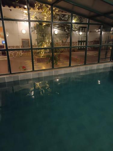 a swimming pool with a reflection of a christmas tree in a building at Casa Verde Hostal in Sucre