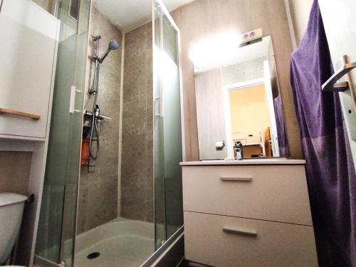 une salle de bain avec douche et lavabo dans l'établissement Studio 4 pers. confort au pied des pistes - FR-1-592-73, à Bolquère-Pyrénées 2000