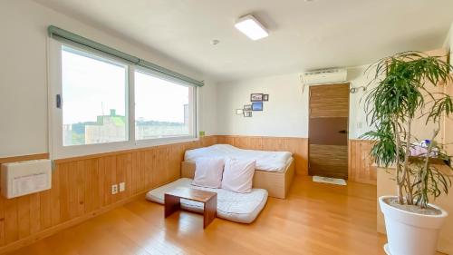 a hospital room with a bed and a potted plant at Backpacker's Home in Seogwipo
