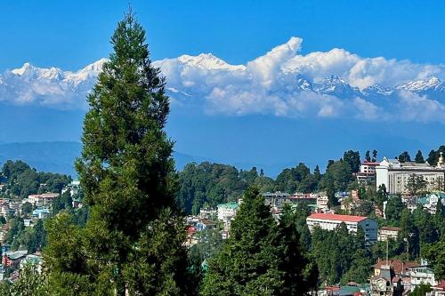 vistas a una ciudad con montañas nevadas en Pathfinder's Nest Hostel, en Darjeeling