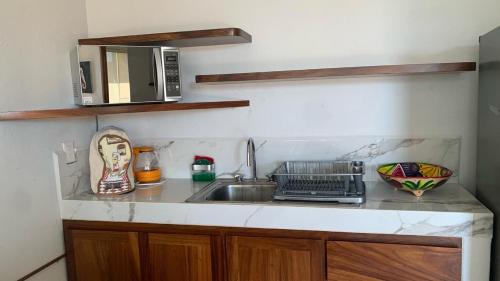 a kitchen counter with a sink and a microwave at Casa Hipocampo a pasos de la playa in Ixtapa-Zihuatanejo International