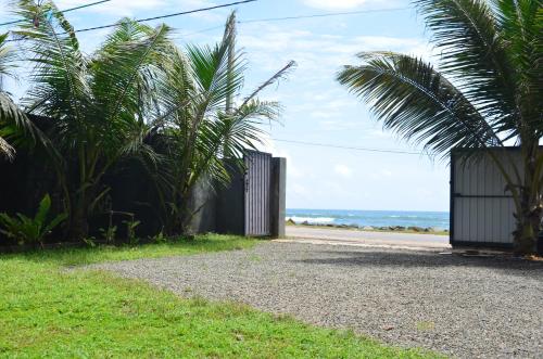 a gravel road next to a beach with palm trees at The Stables Oceanfront Hotel Midigama in Midigama