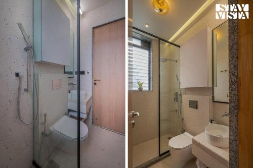 two pictures of a bathroom with a toilet and a shower at StayVista at Villa De Suku with Pool, Balcony in Igatpuri