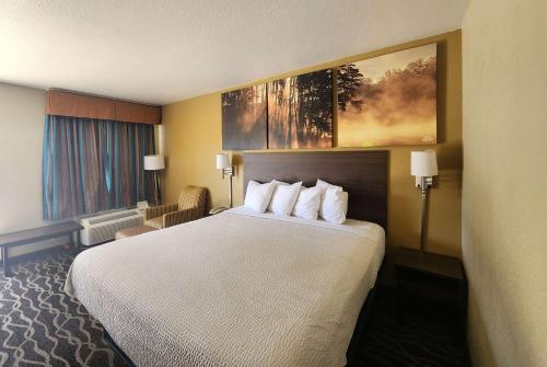 a hotel room with a large bed with white pillows at Days Inn by Wyndham Leesville in Leesville