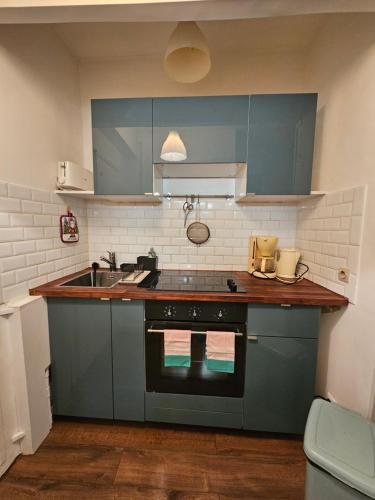 une cuisine avec des armoires bleues et un évier dans l'établissement Paris Ménilmontant Studio 2 pers, à Paris
