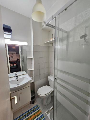 une salle de bain avec toilettes, lavabo et douche dans l'établissement Paris Ménilmontant Studio 2 pers, à Paris