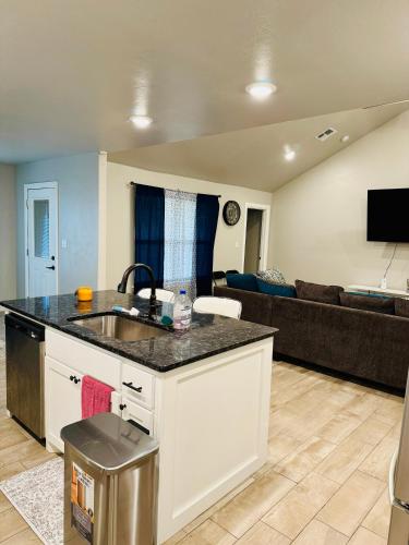 a kitchen and living room with a sink and a couch at A place like nowhere else in Lawton